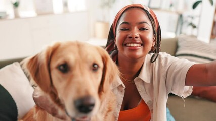 African woman, dog and selfie on sofa in home with smile, hug and care with post on social media. Girl, influencer and golden retriever with photography, memory and live streaming on web in Nigeria