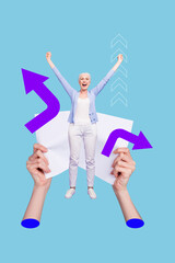Poster collage image of senior woman standing with raise fists up arrows choose
