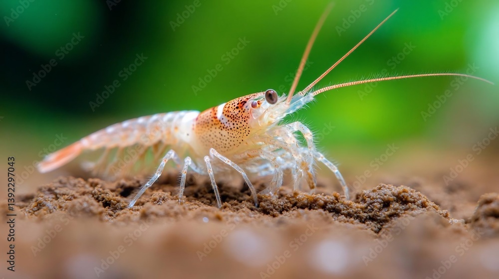 Poster close-up of a small, translucent crustacean with orange spots crawling on brown soil against a blurr