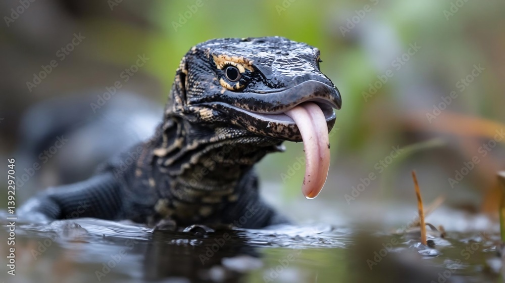 Poster close-up of a black lizard with yellow markings extending its pink tongue, partially submerged in sh
