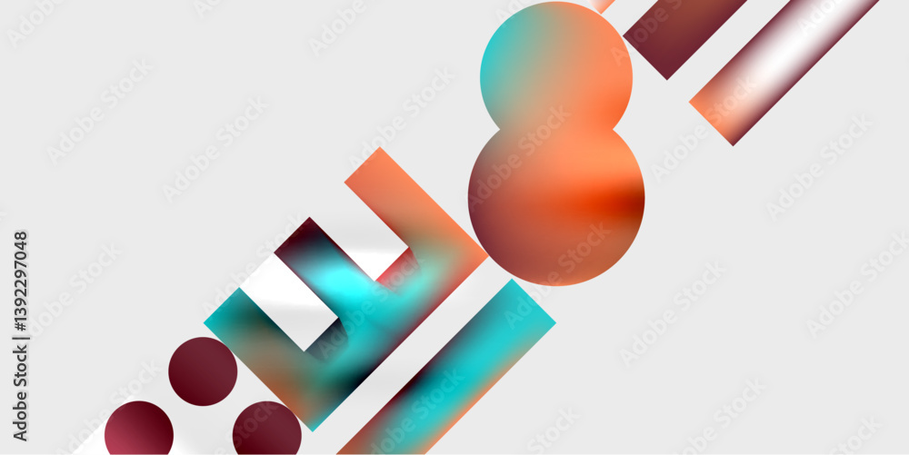 Poster Abstract composition. Vibrant spheres, rectangles intersect. Gradient colors create dynamic visual effect. Modern design, clean aesthetic.