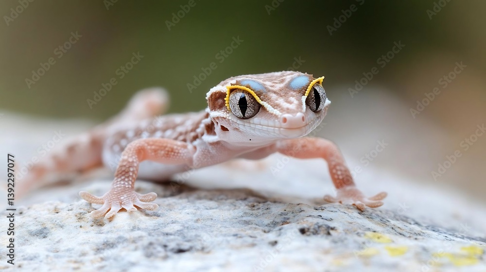 Poster Close-up of a small reptile with light brown and white patterned skin, perched on a light gray rock.  The lizard has dark eyes and is in sharp focus against a blurred green background