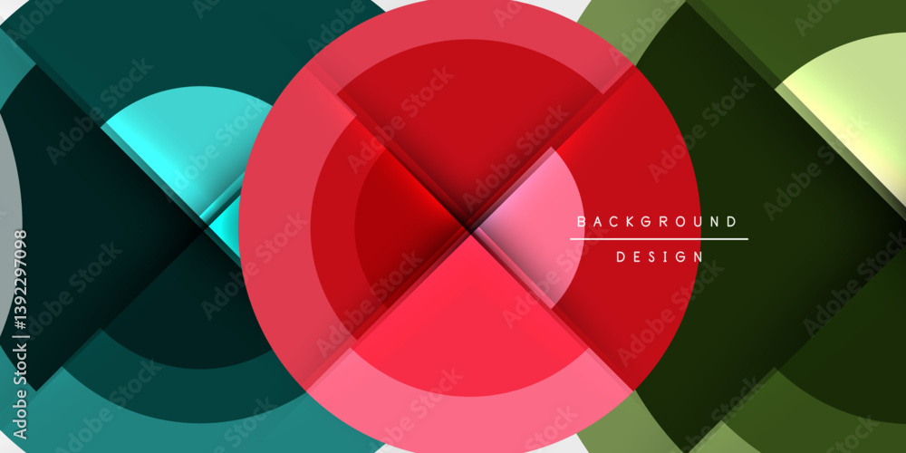 Poster Abstract geometric shapes overlap. Red circle dominates center. Teal, green layers create depth. Modern design, vibrant colors, smooth gradients.