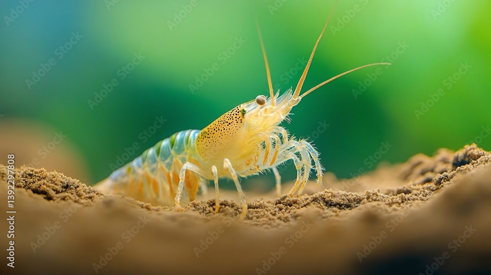 Poster close-up view of a small, colorful shrimp on brown substrate. the shrimp displays yellow, blue, and 