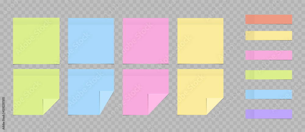 Poster vector set of colored sticky note. paper adhesive sticky tape with shadow. office color post note st