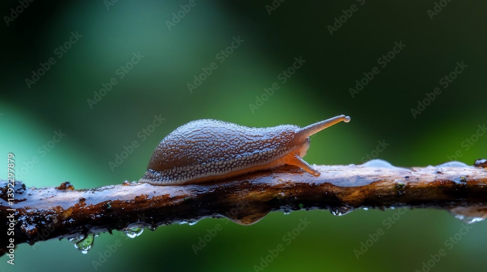 Aufkleber close-up of a small, brown slug with a textured body crawling on a wet, dark brown branch. water dro
