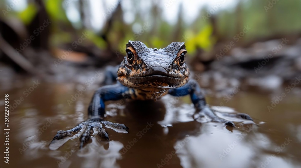 Poster close-up of a small lizard with blue and black markings, standing in muddy water. the lizard's expre