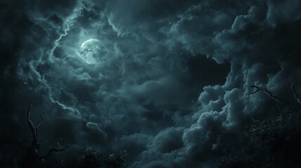 Night sky, full moon, dark clouds, trees, spooky atmosphere, Halloween background