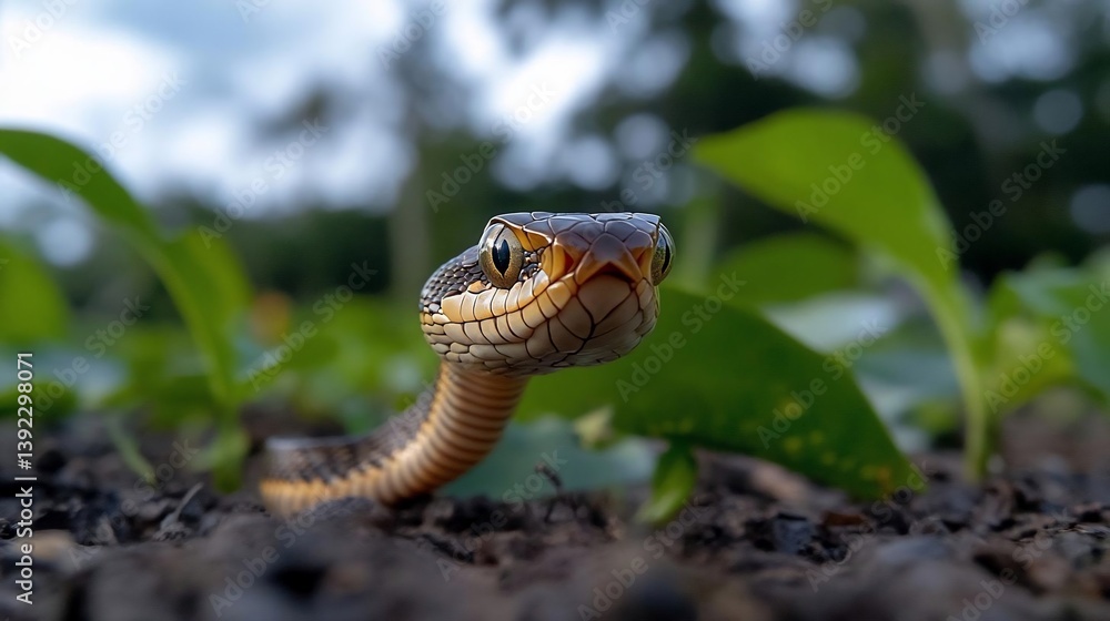 Poster close-up view of a brown and tan snake emerging from dark soil, surrounded by lush green foliage. th