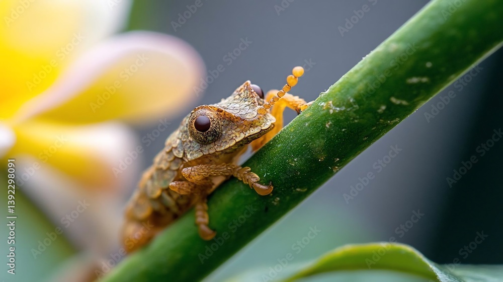 Poster close-up of a small brown frog perched on a vibrant green stem, with a blurred yellow and white flow