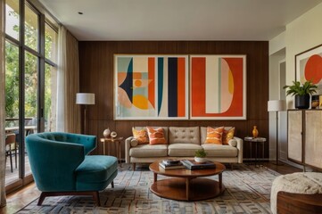 Fototapeta premium A modern living room shows stylish furniture and artwork