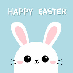 Happy Easter. Cute white rabbit bunny hare face head silhouette. Pink cheeks, ears. Kawaii cartoon funny baby character. Valentines Day. Greeting card. Blue background. Flat design. Vector