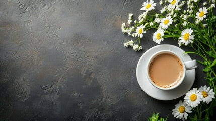Enjoying Morning Coffee with Daisies on Dark Stone Background for Relaxation