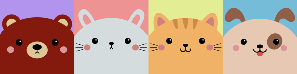 Cat kitten kitty, bear, rabbit bunny hare, dog puppy. Square face icon set line. Cute cartoon funny character. Kawaii animal. Love card. Childish style. Flat design. Colorful background. Vector