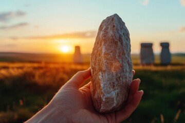 A symbolic moment captured as a hand holds a stone while ancient monolithic structures stand tall in the background, reflecting human history and connection to earth.