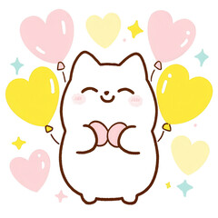 A cute cartoon cat holding colorful heart-shaped balloons, surrounded by sparkling stars. Perfect for celebrations, love themes, or joyful expressions.