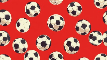 Seamless vector pattern of red soccer championship theme with trendy athletic elements, including soccer balls, trophies, stars, and abstract geometric shapes, ideal for sports-themed backgrounds and 
