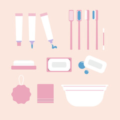 플랫스타일의 욕실용품 일러스트 세트. 목욕 일러스트. 치약과 칫솔, 비누와. 샤워타올.