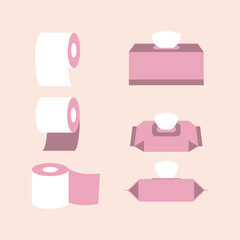 플랫스타일의 두루마리 휴지와 물티슈 일러스트 세트. 생활용품 일러스트.