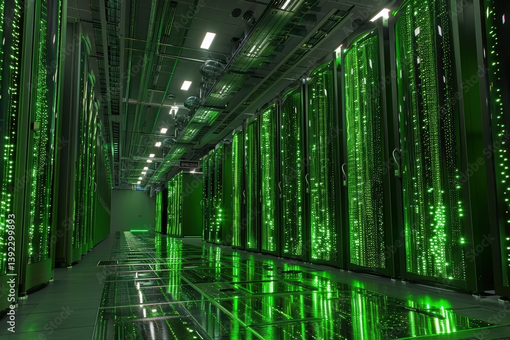 Poster data center corridor with illuminated server racks.