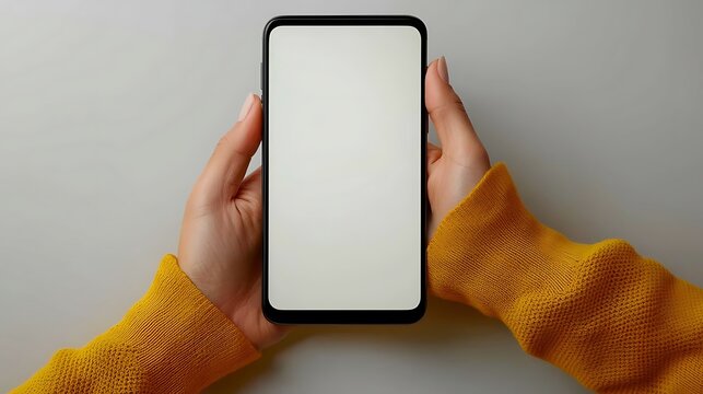 Phone display, held by hands in yellow sleeve, against light surface. Blank screen for text/media display