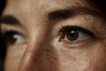 Fototapeta premium Close-up of brown eye and skin texture, showing detail of eyelashes and pores, suggesting depth and human connection
