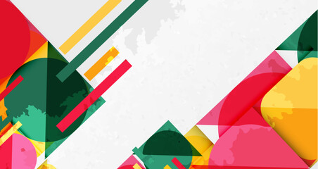 Abstract geometric composition. Overlapping shapes, vibrant colors, dynamic lines create modern design. Texture adds depth, visual interest.