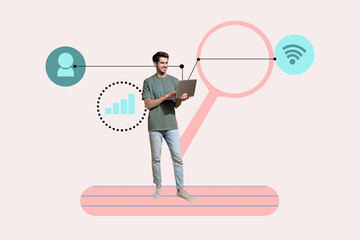 Trend template sketch design 3D photo collage of signal router global 4g browsing young man stand...