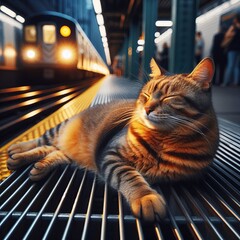 Detailed description The cat basks contentedly on the metal grat