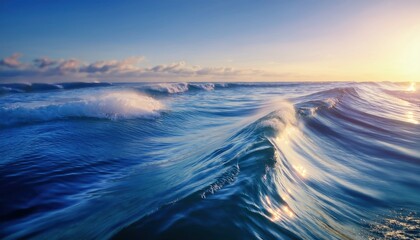Ocean Wave Majesty: The sun paints a breathtaking panorama as a singular, powerful ocean wave rises and breaks, against a clear blue sky, capturing the raw beauty and energy of nature.