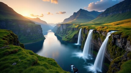 Fototapeta premium Stunning photo of Seven Sisters waterfall in Norway at dawn, sunny sky, captured from a panoramic perspective.