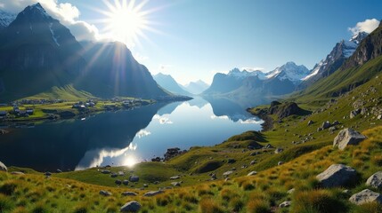 Fototapeta premium Norwegian landscape at midday with sunny conditions, photographed from a panoramic perspective.