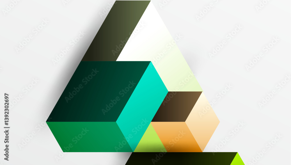 Poster Abstract geometric composition. Overlapping shapes create illusion of depth. Colors include green, teal, orange, brown, white. Modern design.