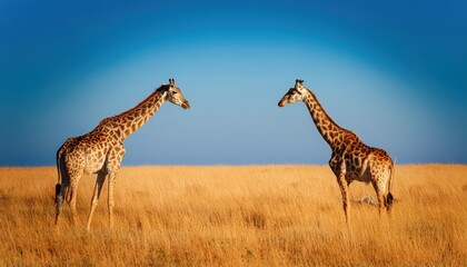 Giraffe Encounter: Two majestic giraffes stand gracefully in a vast savanna. Their long necks reach towards the sky, framed by a backdrop of golden grasslands and a vibrant blue sky.