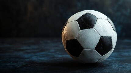 Classic black and white soccer ball isolated on a dark black background with dramatic lighting and shadow for sports concept or promotional design