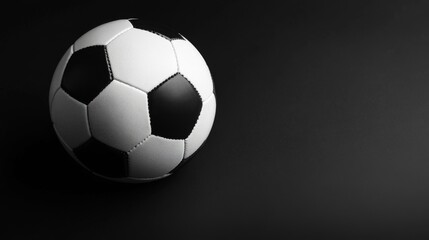 Naklejka premium Classic black and white soccer ball isolated on a dark black background with dramatic lighting and shadow for sports concept or promotional design