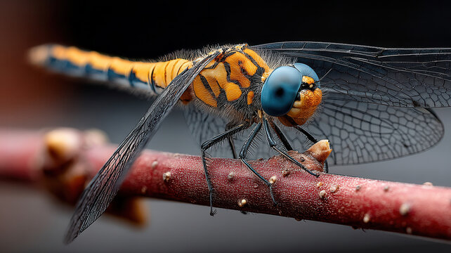 Macro d&eacute;taill&eacute;e d'une libellule orange et bleue pos&eacute;e sur une branche rouge&acirc;tre.