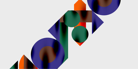 Abstract shapes, circles, triangles, squares, gradients, dark blue, green, orange, brown. Minimalist design, modern art, geometric patterns, flat lay, digital illustration.