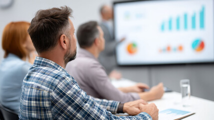 Fototapeta premium Focused Business Team Engaged in Presentation on Growth Strategies with Charts and Graphs in Modern Office Setting