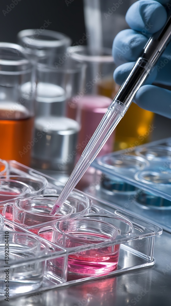 Poster close-up of gloved hand using a pipette to fill wells of a multi-well plate with a pink-colored liqu