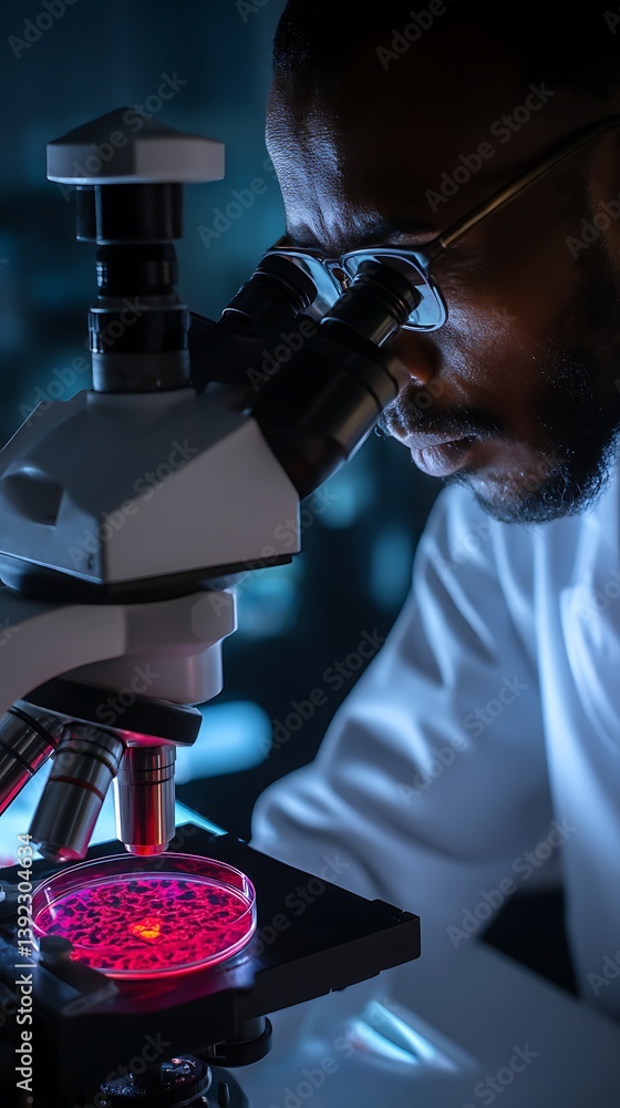 Poster scientist deeply focused while examining samples under a high-powered microscope in a modern, techno