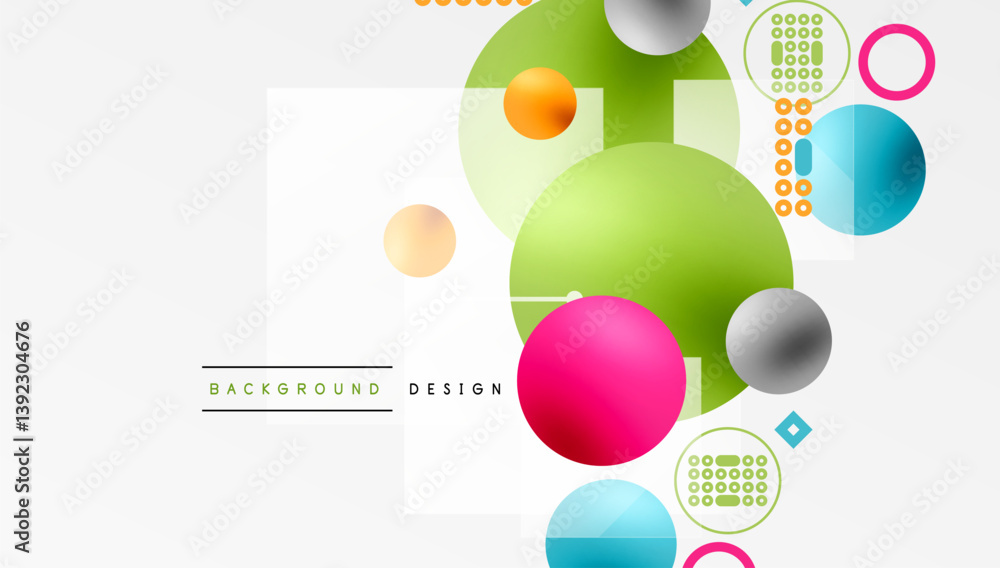 Poster Bright colorful shapes overlap. Modern abstract design. Vibrant circles, squares, dots create dynamic composition. Clean aesthetic.