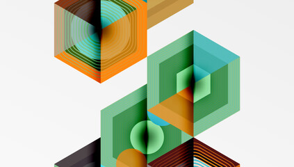 Abstract geometric composition. Overlapping shapes create depth. Vibrant colors, lines, patterns. Modern design, clean aesthetic. Minimalist style.