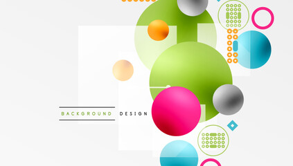 Bright colorful shapes overlap. Modern abstract design. Vibrant circles, squares, dots create dynamic composition. Clean aesthetic.