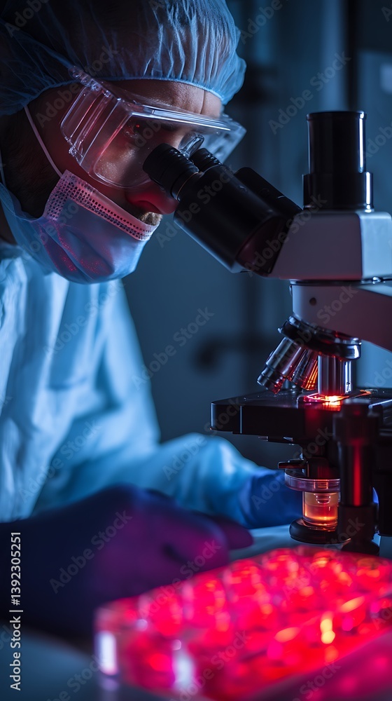 Poster scientist examining sample under microscope in a laboratory setting, contributing to medical researc