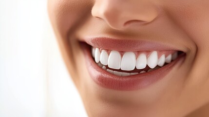 Obraz premium Close-Up of Woman’s Perfect White Teeth and Healthy Smile on Bright Background