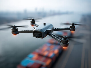 Aerial View of a Drone Flying Over Cargo Ships in a Port Setting with Soft Focus Background