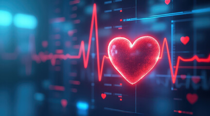 Glowing red heart symbol on a soft blue medical background.