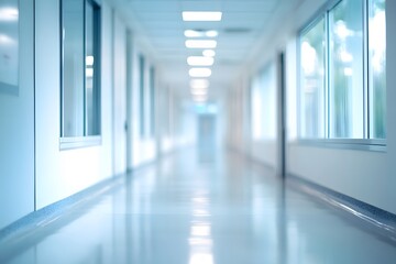 Fototapeta premium Clean and brightly lit empty hospital corridor featuring a shiny blue floor and white walls, leading towards a distant door in a sterile and quiet environment