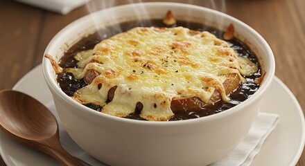 Warm, Steaming French Onion Soup: A Cozy Kitchen Scene AI Generated